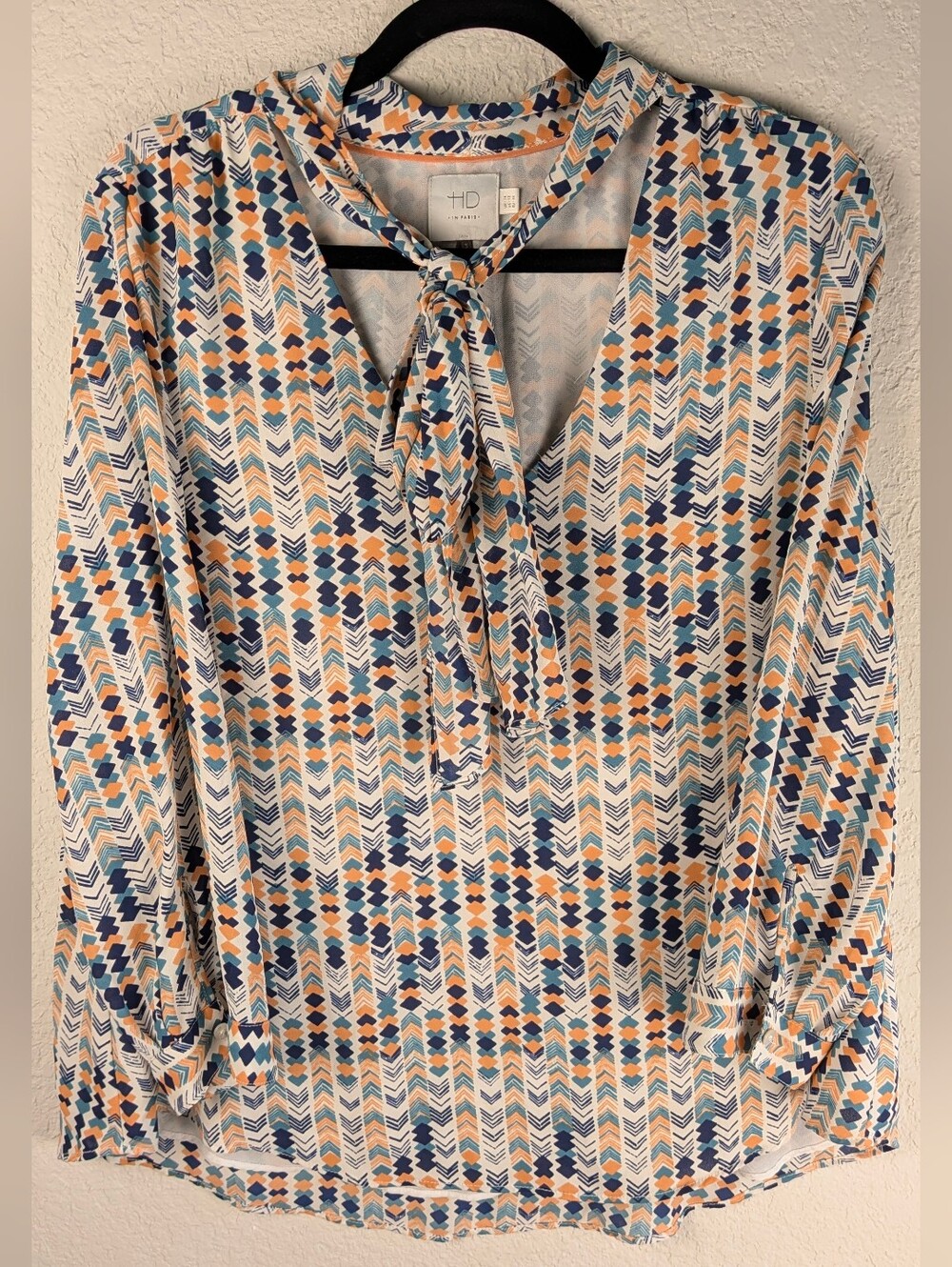 Anthropologie HD In Paris Neck Tie Blouse Size 12 Blue White Peach Boho Print LS